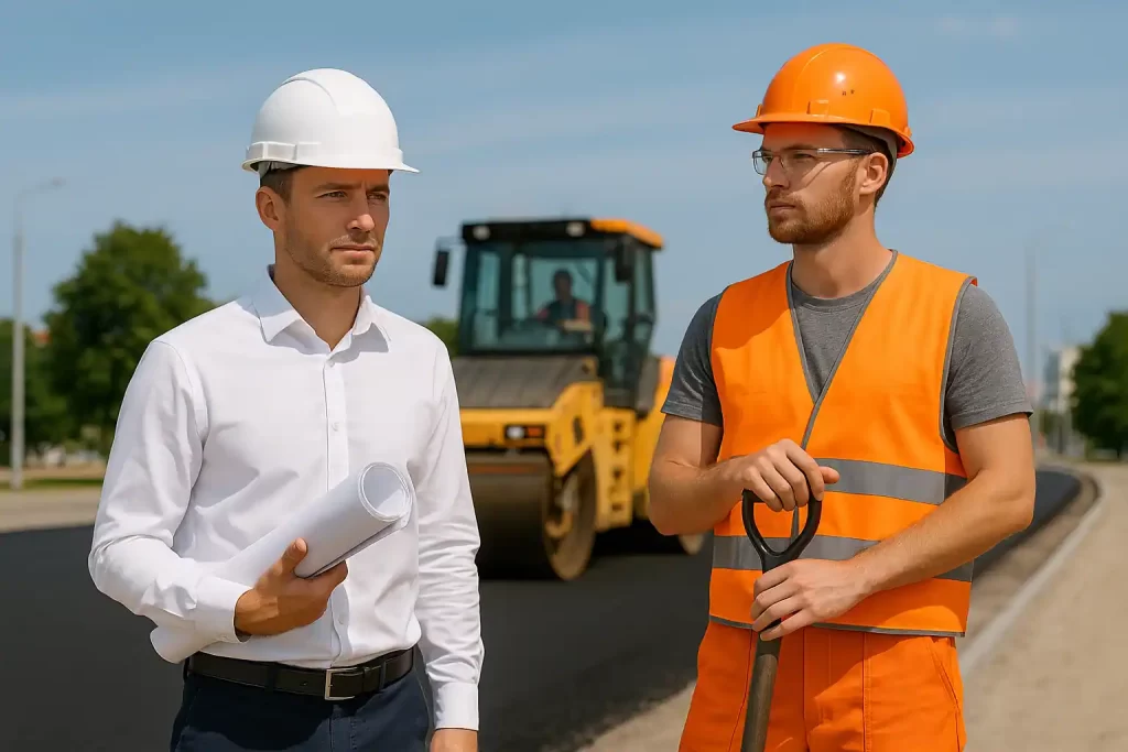 Дорожный рабочий и производитель работ в белой каске на объекте асфальтирования в Минске