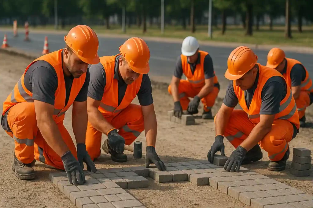 Бригада дорожных рабочих в оранжевых жилетах укладывает тротуарную плитку на песчаное основание