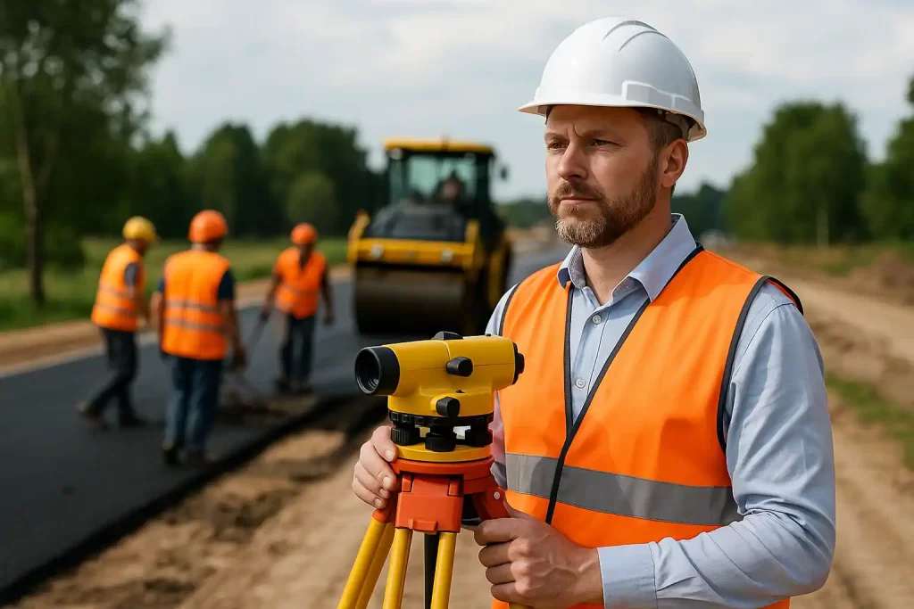 Прораб в белой каске с нивелиром на объекте дорожного строительства в Минске