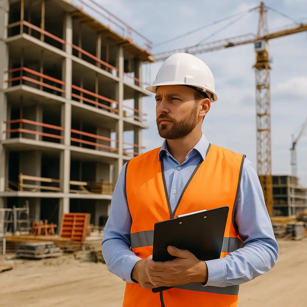 Прораб в белой каске и оранжевом жилете с планшетом на строительной площадке многоэтажного здания