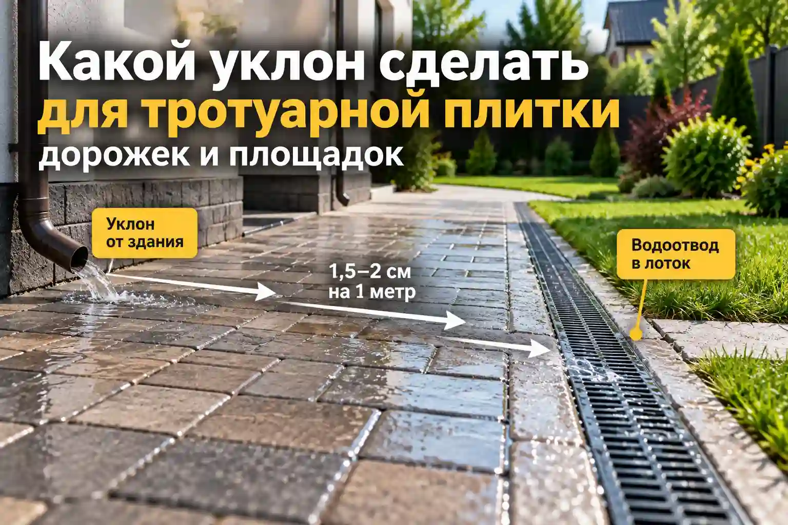 Уклон тротуарной плитки от дома к водоотводному лотку