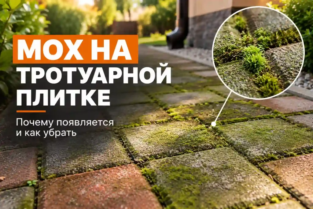 Мох и зелёный налёт на тротуарной плитке во влажном затенённом месте