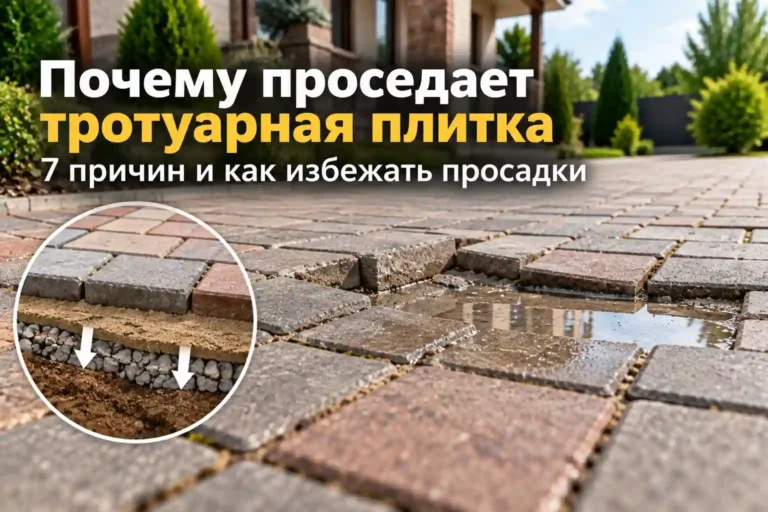 Просевшая тротуарная плитка с деформацией основания и лужей
