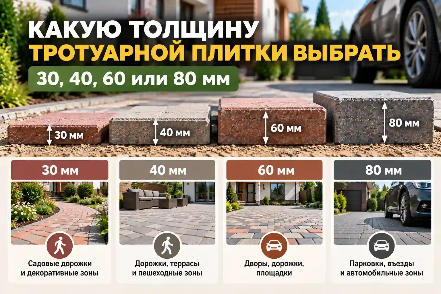 Сравнение тротуарной плитки толщиной 30, 40, 60 и 80 мм